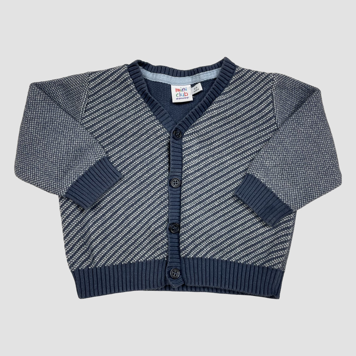Blau-graue Mini Club Strickjacke, Größe 3–6 Monate, aus Baumwolle – front