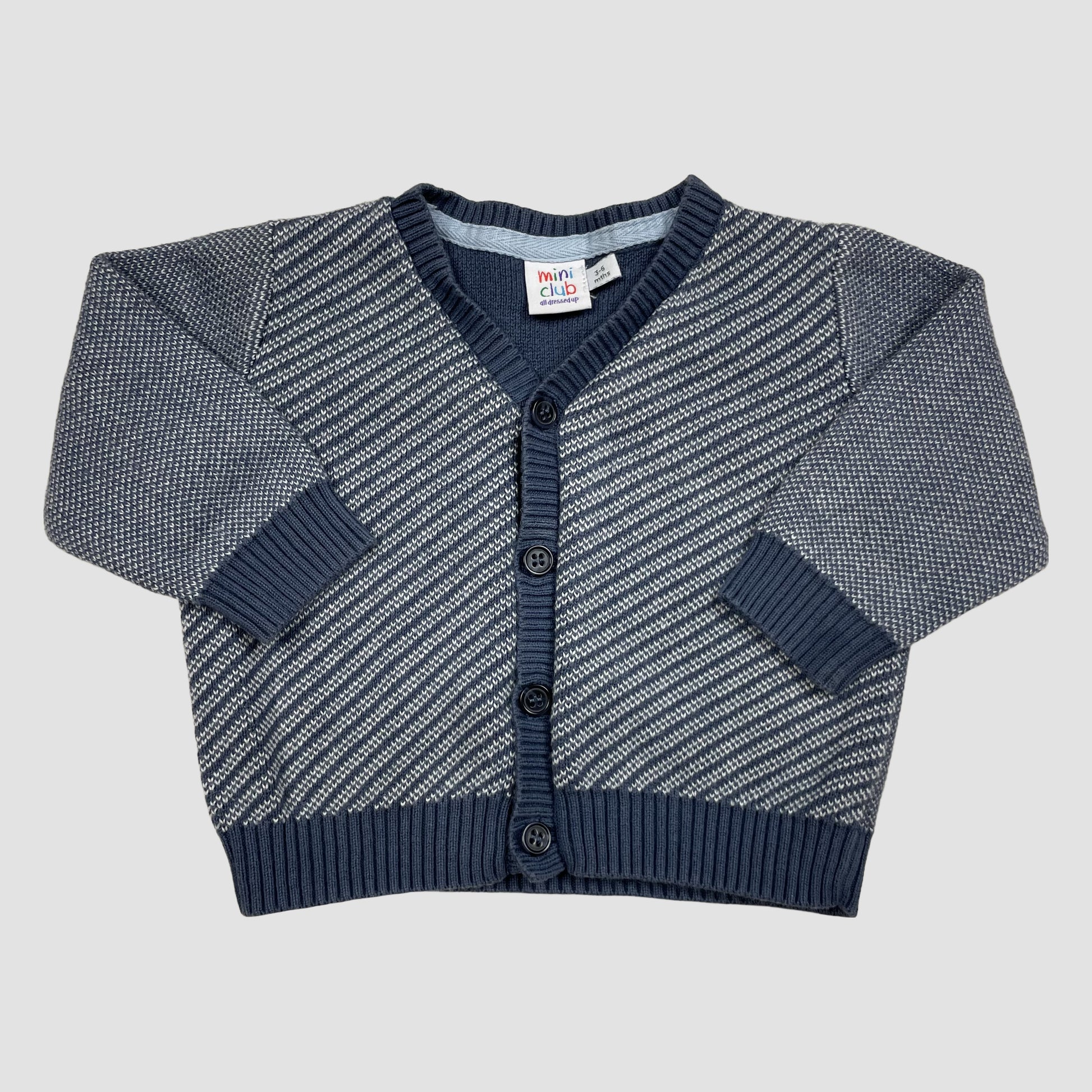 Blau-graue Mini Club Strickjacke, Größe 3–6 Monate, aus Baumwolle – front