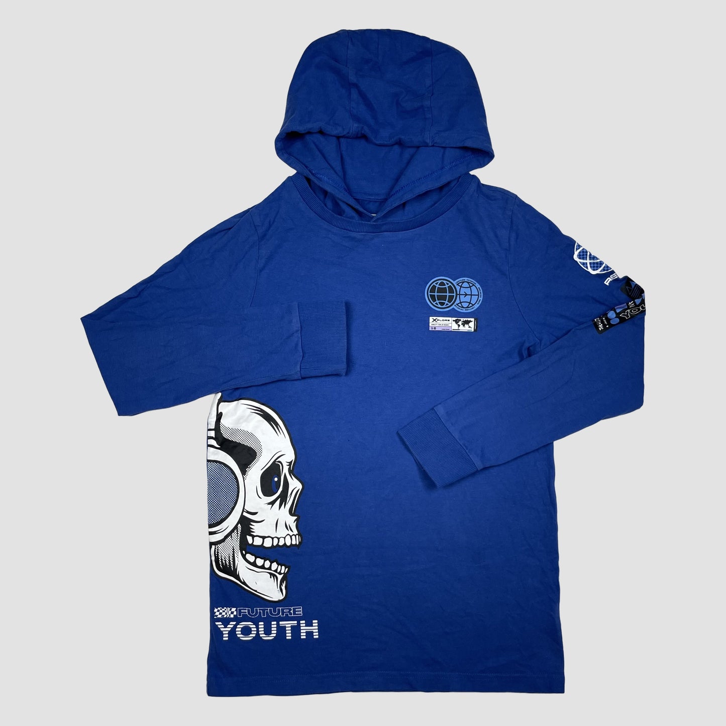 Blaues Kapuzenshirt von F&F mit Totenkopf-Print, Größe 146 (10–11 Jahre) – front