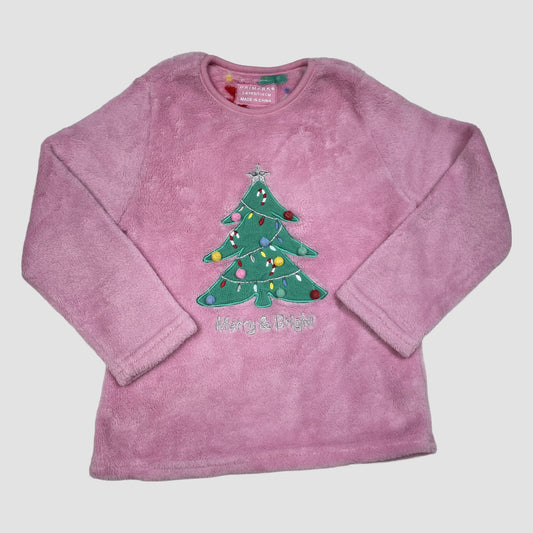 Rosa Fleece-Pullover mit Weihnachtsbaum-Applikation von Primark in Größe 116 – front