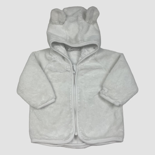 Weiße Fleece-Babyjacke von Lindex mit Kapuze und Ohren, Größe 62 – front