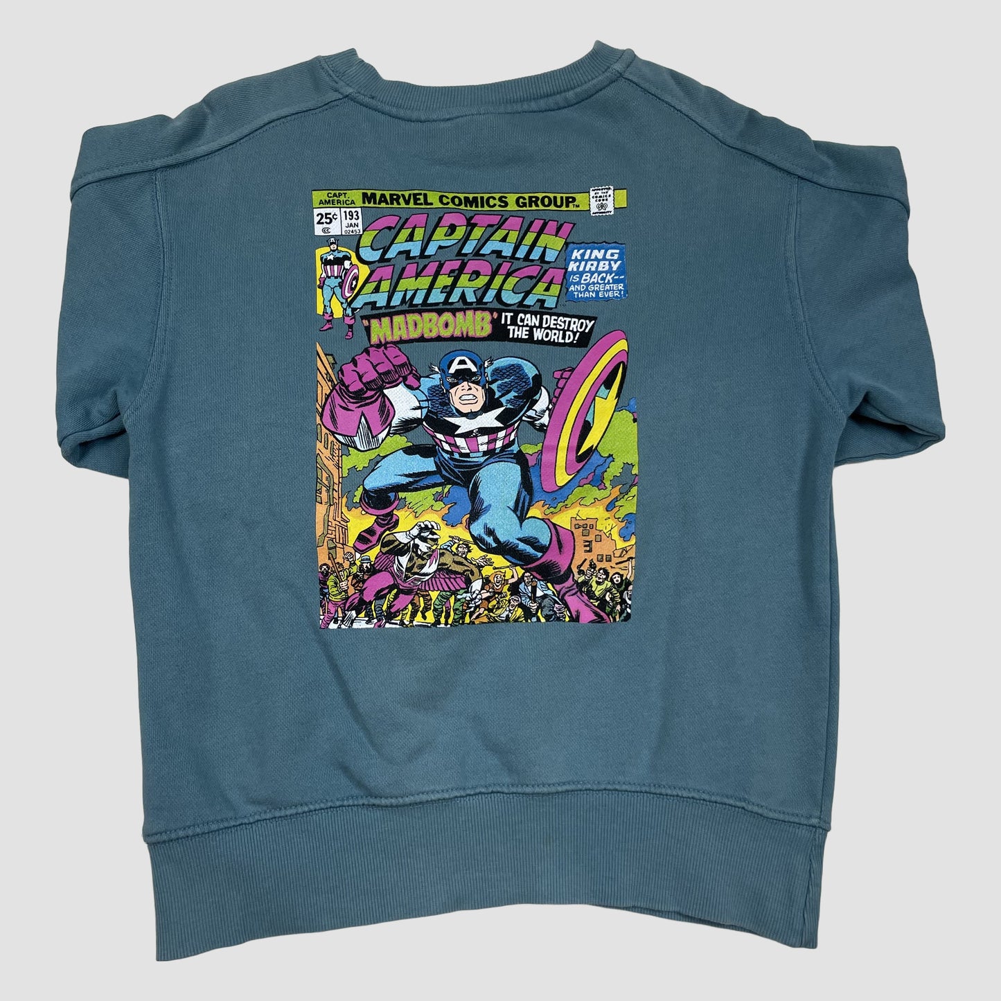 Blaues Kinder-Sweatshirt mit Captain-America-Comicprint auf dem Rücken, Größe 140 – detail