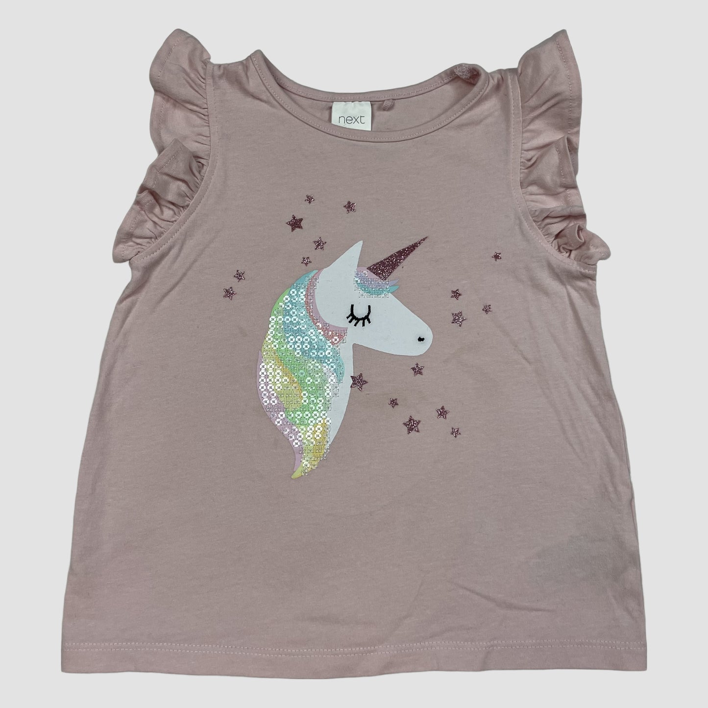Rosa Kinder-T-Shirt mit Einhorn-Pailletten und Rüschenärmeln, Größe 92 – front
