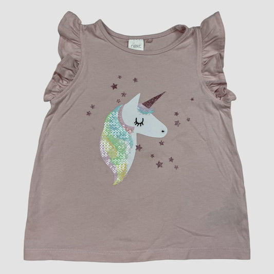 Rosa Kinder-T-Shirt mit Einhorn-Pailletten und Rüschenärmeln, Größe 92 – front