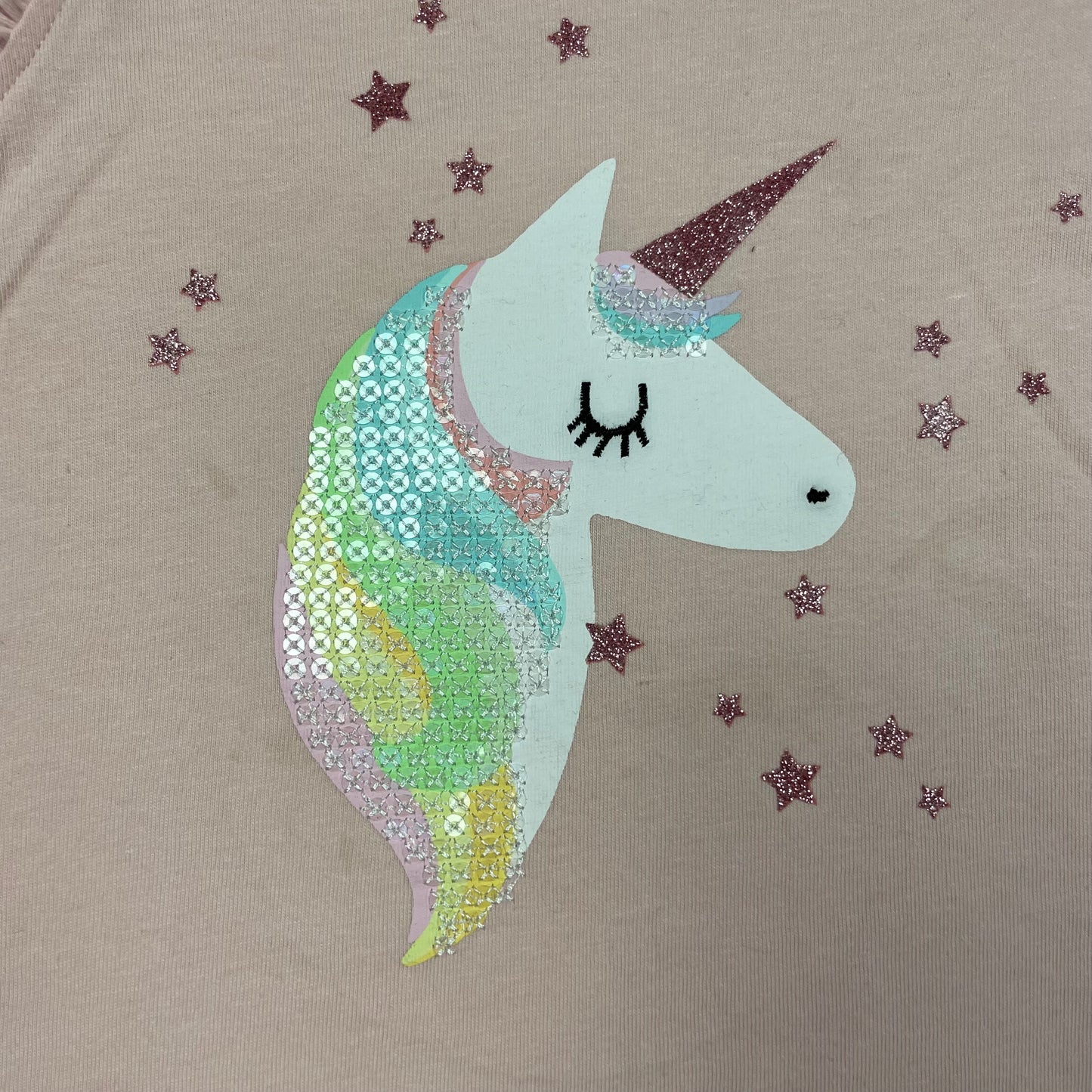 Rosa Kinder-T-Shirt mit Einhorn-Pailletten und Rüschenärmeln, Größe 92 – detail