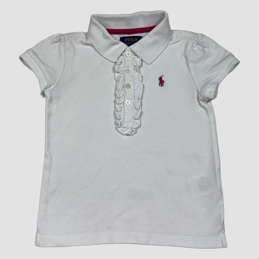 Weißes Polo-T-Shirt für Mädchen mit Rüschen und kurzer Knopfleiste – front