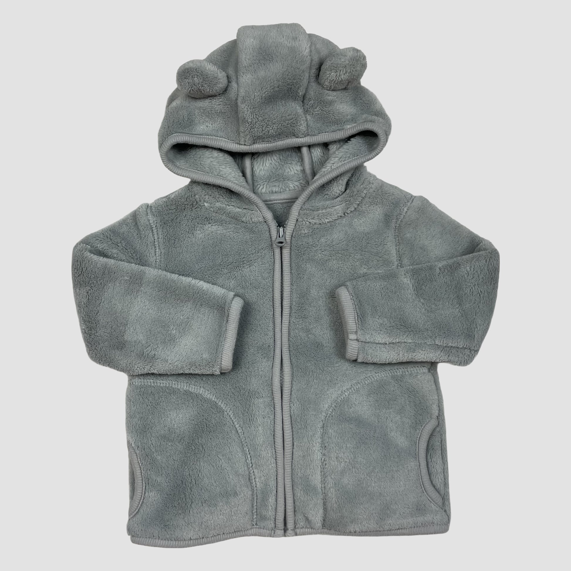 Graue Fleece-Babyjacke mit Kapuze und Öhrchen, Reißverschluss, Größe 3–6 Monate – front