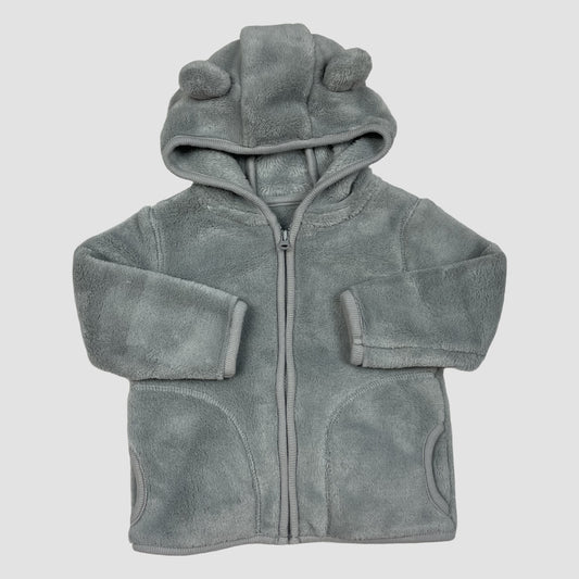 Graue Fleece-Babyjacke mit Kapuze und Öhrchen, Reißverschluss, Größe 3–6 Monate – front