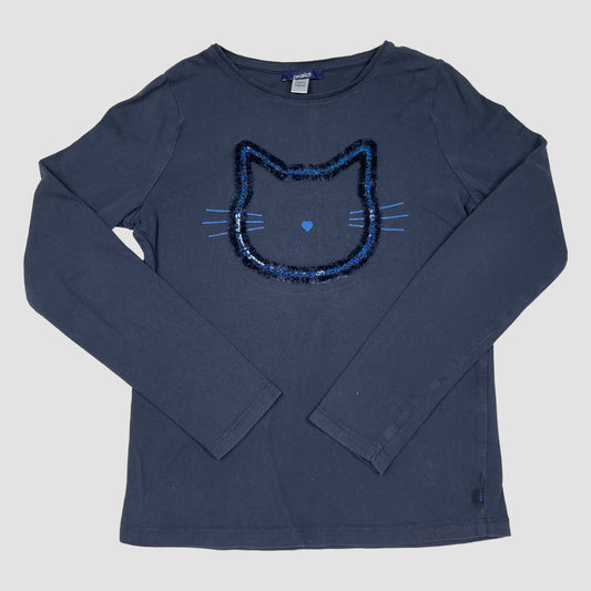 Dunkelblaues Langarmshirt mit Pailletten-Katzenmotiv, Größe 140