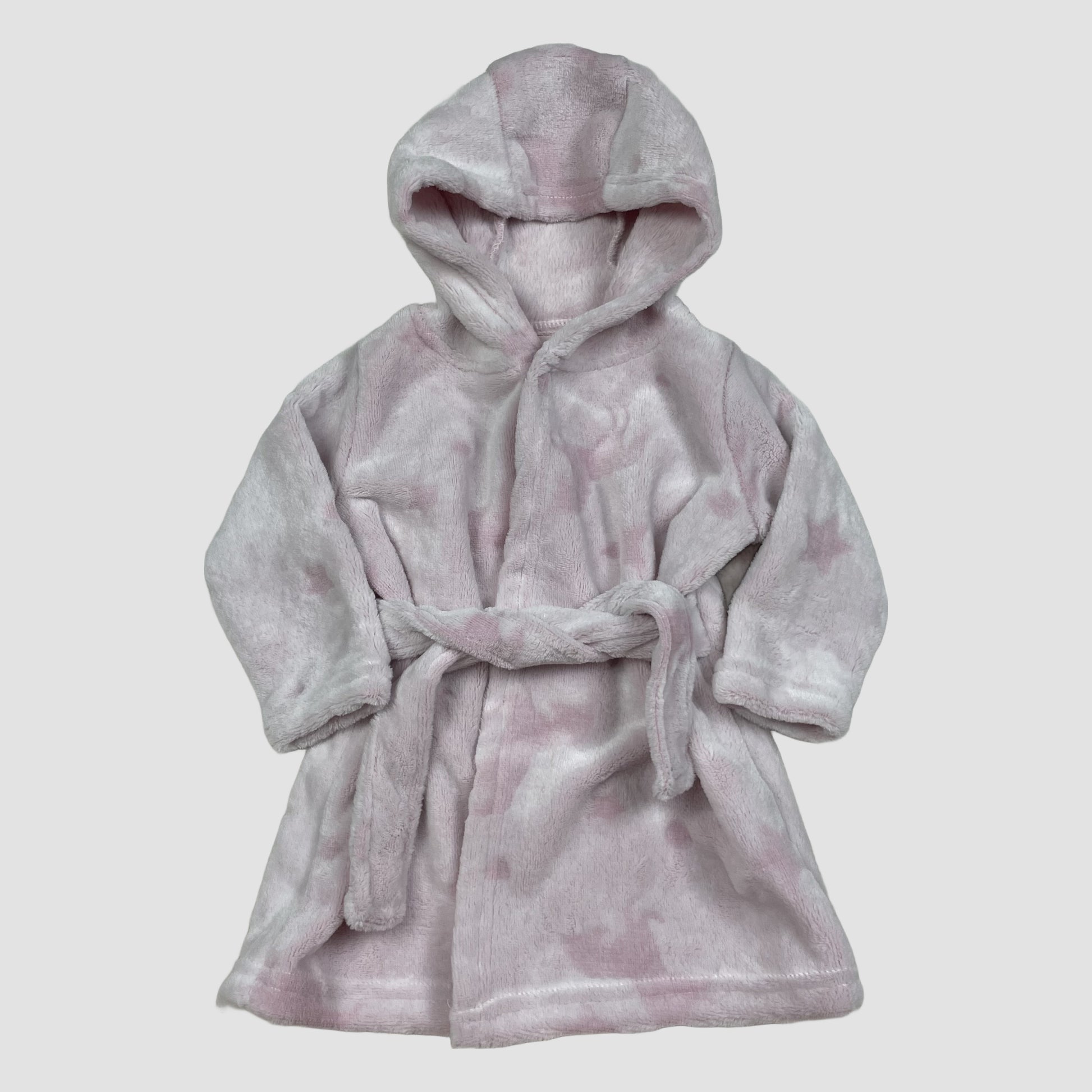 Rosa Baby-Bademantel mit Kapuze, Sternmuster und Bindegürtel, Größe 3–6 Monate – front