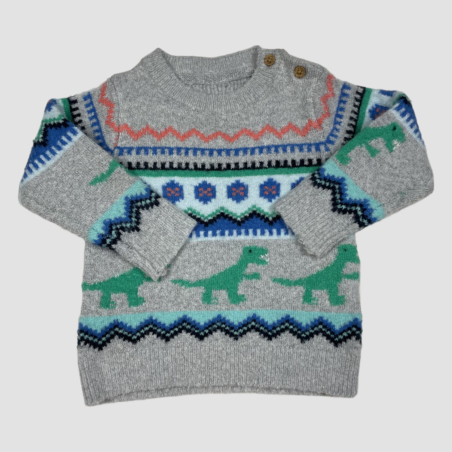 Grauer Baby-Pullover mit Dinosaurier-Muster und Schulterknöpfen, Größe 6–9 Monate – front