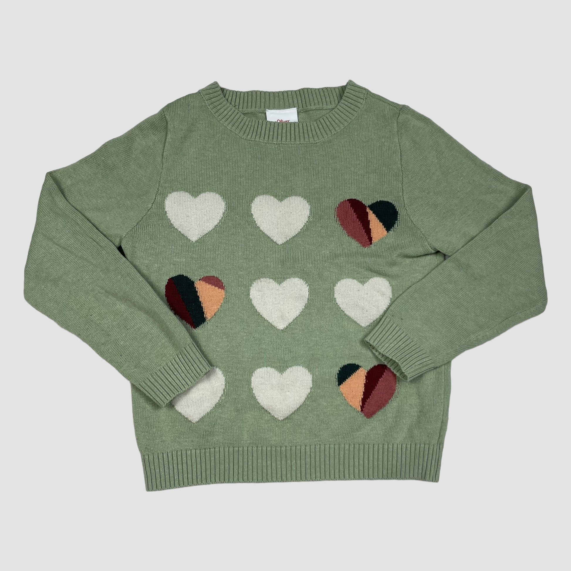 Grüner Kinderpullover mit Herzmuster von s.Oliver, Größe 104/110 – front