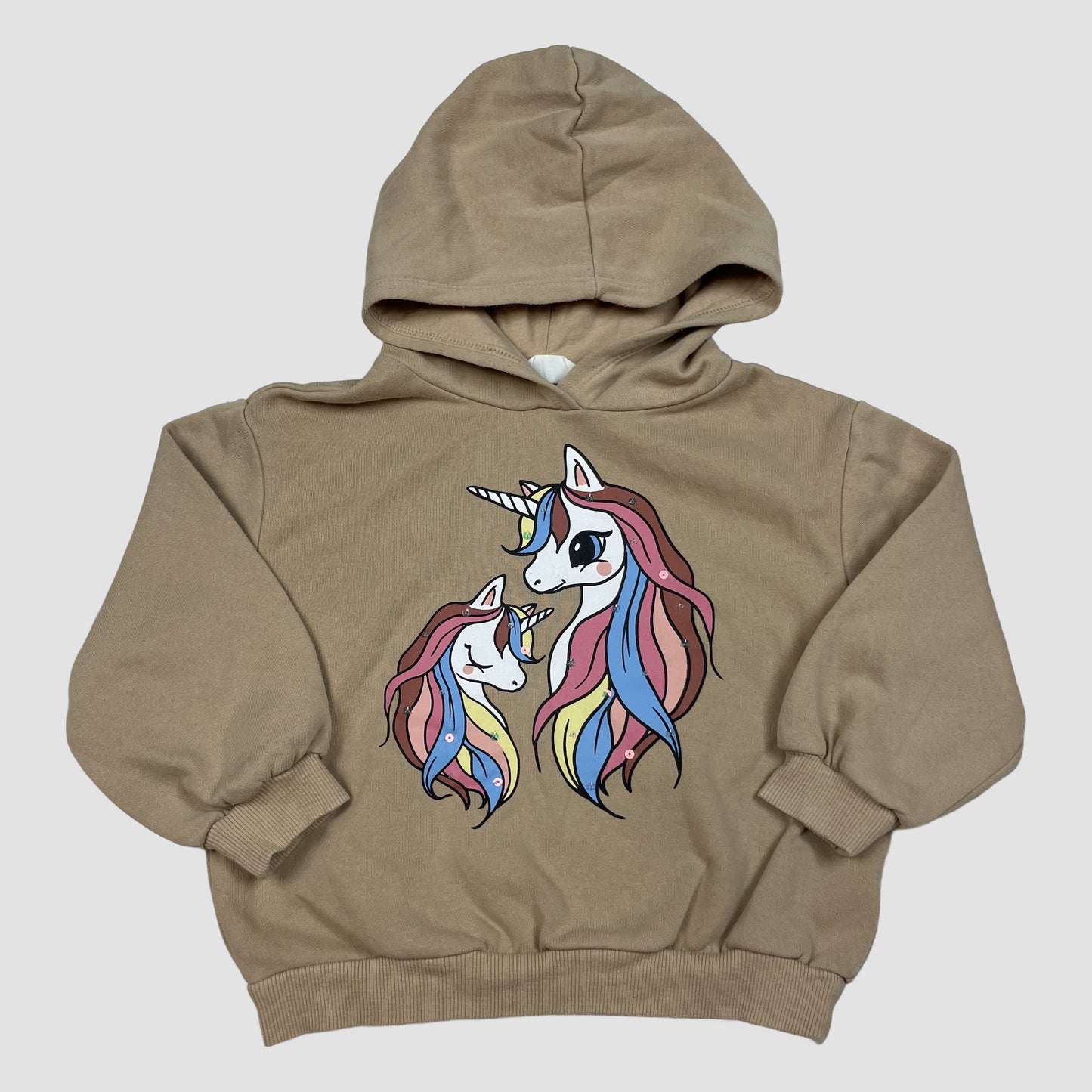 Beiger Kinder-Hoodie mit Einhorn-Print, Größe 98/104 – front