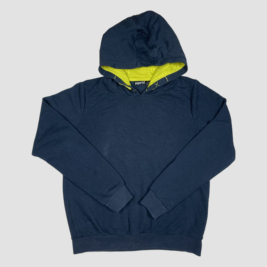 Dunkelblauer Kinder-Kapuzenpullover mit gelbem Innenfutter