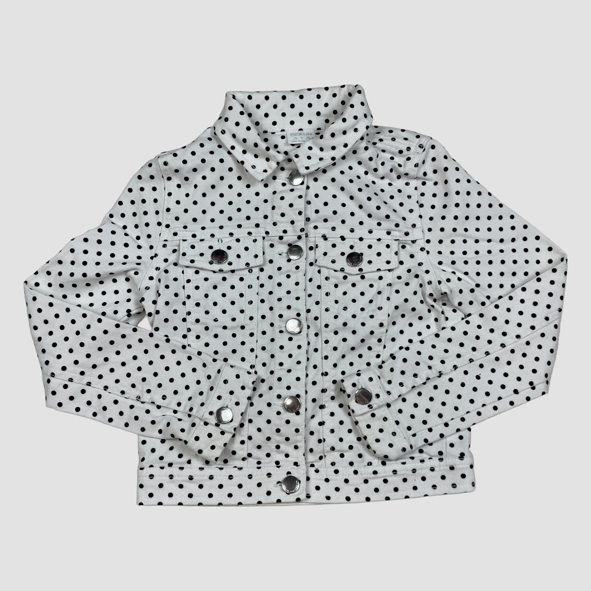 Weiße Kinder-Jeansjacke mit schwarzen Punkten und Druckknöpfen – front