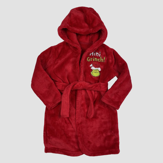 Roter Kinder-Bademantel mit Grinch-Stickerei, Kapuze und Gürtel, Größe 12–18 Monate