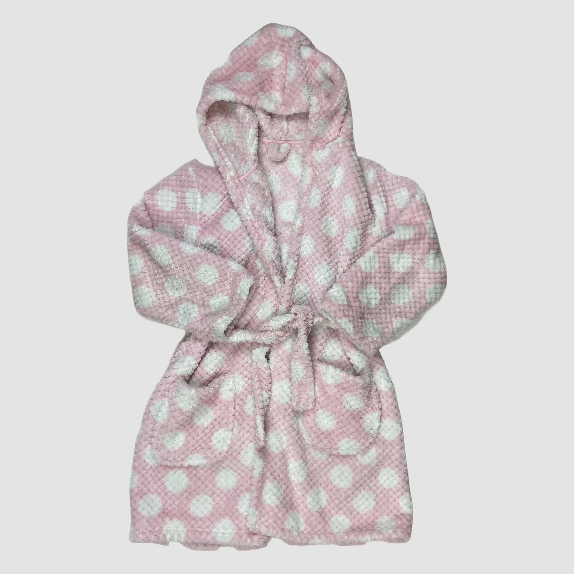 Rosa Kinder-Bademantel mit weißen Punkten, Kapuze und Gürtel