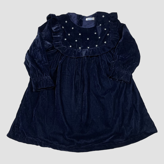 Dunkelblaues Samtkleid mit Rüschen und Blütenstickerei, langarm, Größe 18 Monate