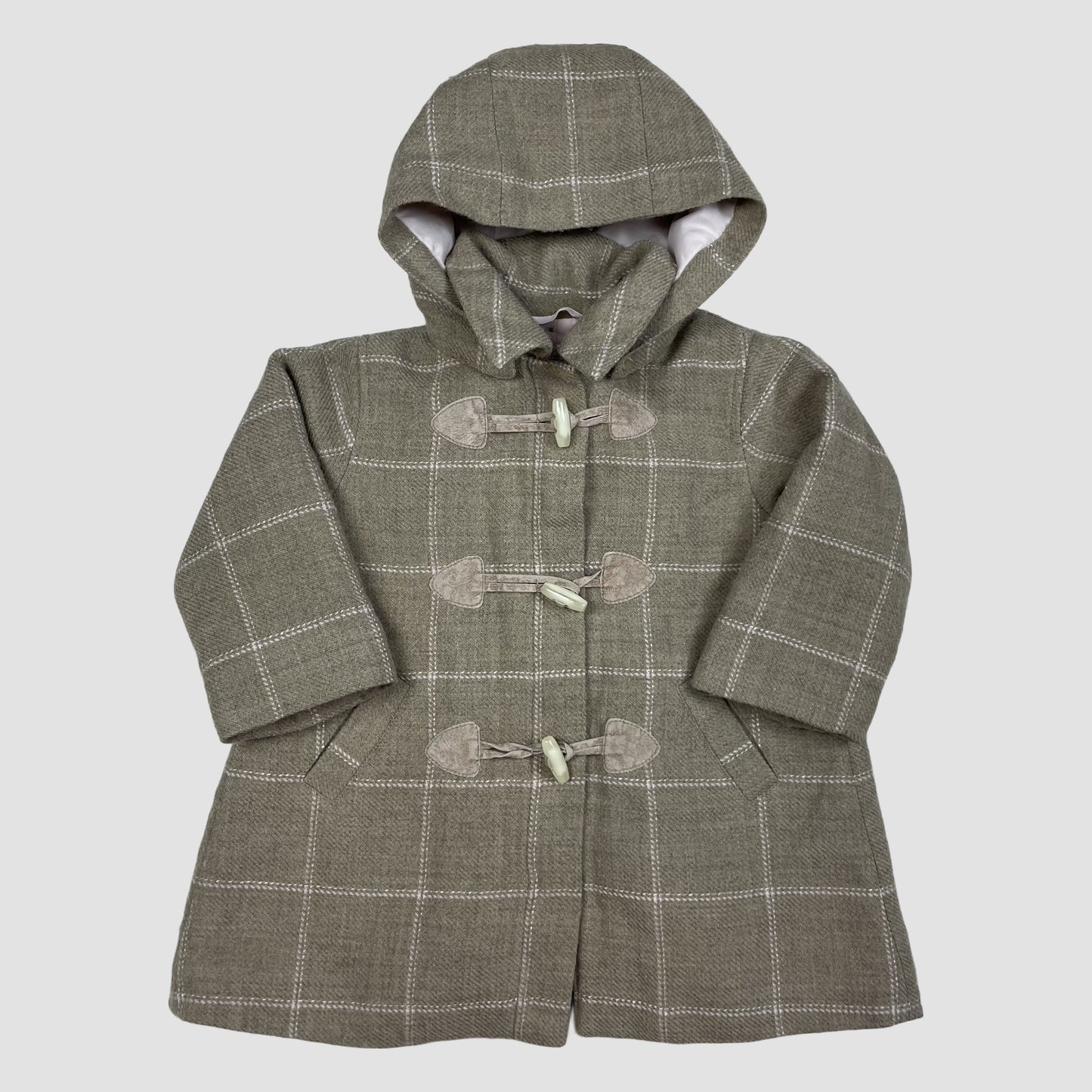 Brauner karierter Dufflecoat mit Kapuze und Knebelverschlüssen, Größe 18M – front
