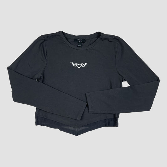 Schwarzes New Look 915 Langarmshirt mit kleinem Tribal-Print und Mesh-Doppelsaum, Größe 14–15 Jahre