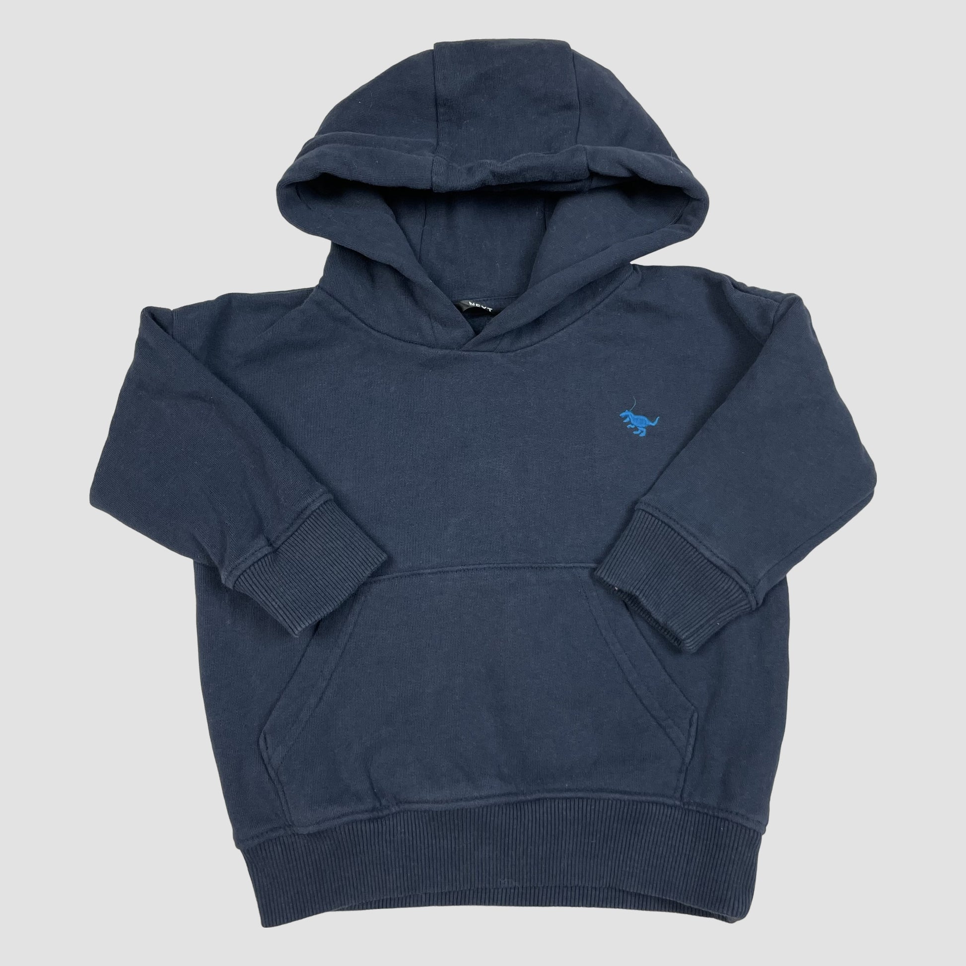 Dunkelblauer Hoodie für Kleinkinder mit Dino-Stickerei und Kängurutasche, Größe 92 – front