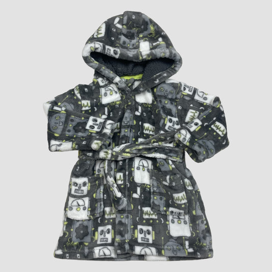 Grauer Fleece-Bademantel mit Kapuze und Roboter-Print, 12–18 Monate