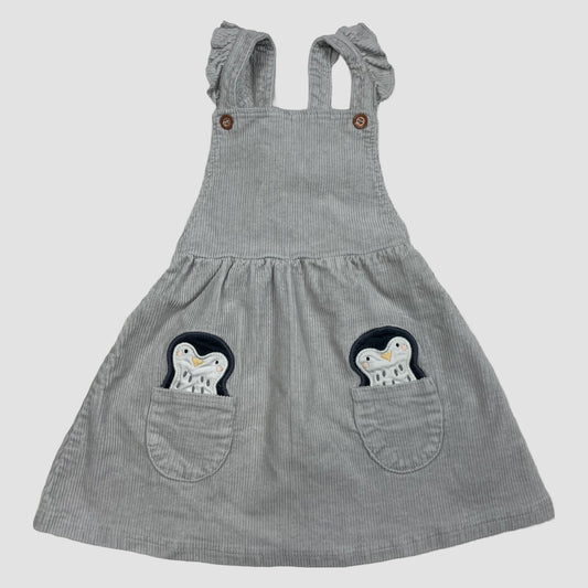 Graues Cord-Trägerkleid mit Pinguin-Taschen, Größe 3–4 Jahre