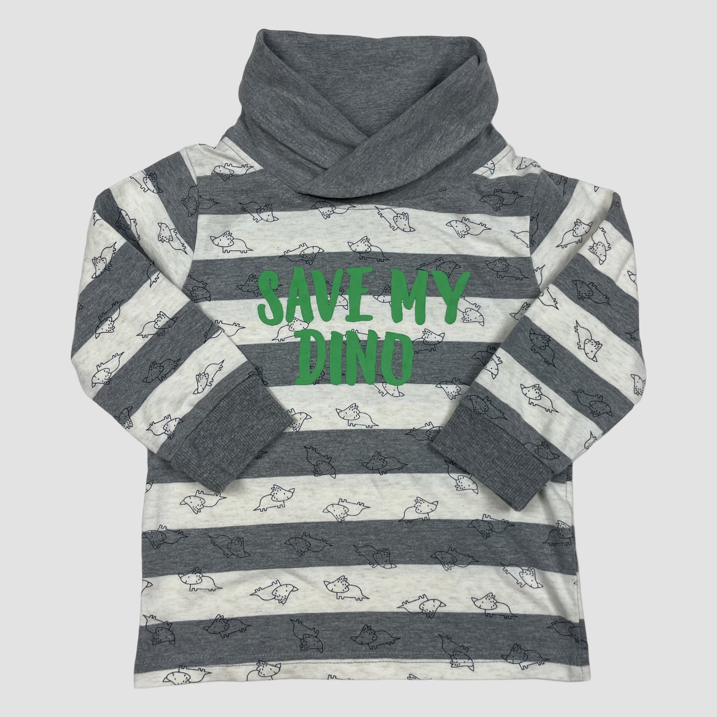 Gestreifter Kinder-Pullover mit Schalkragen und Dino-Print, Größe 86 – front