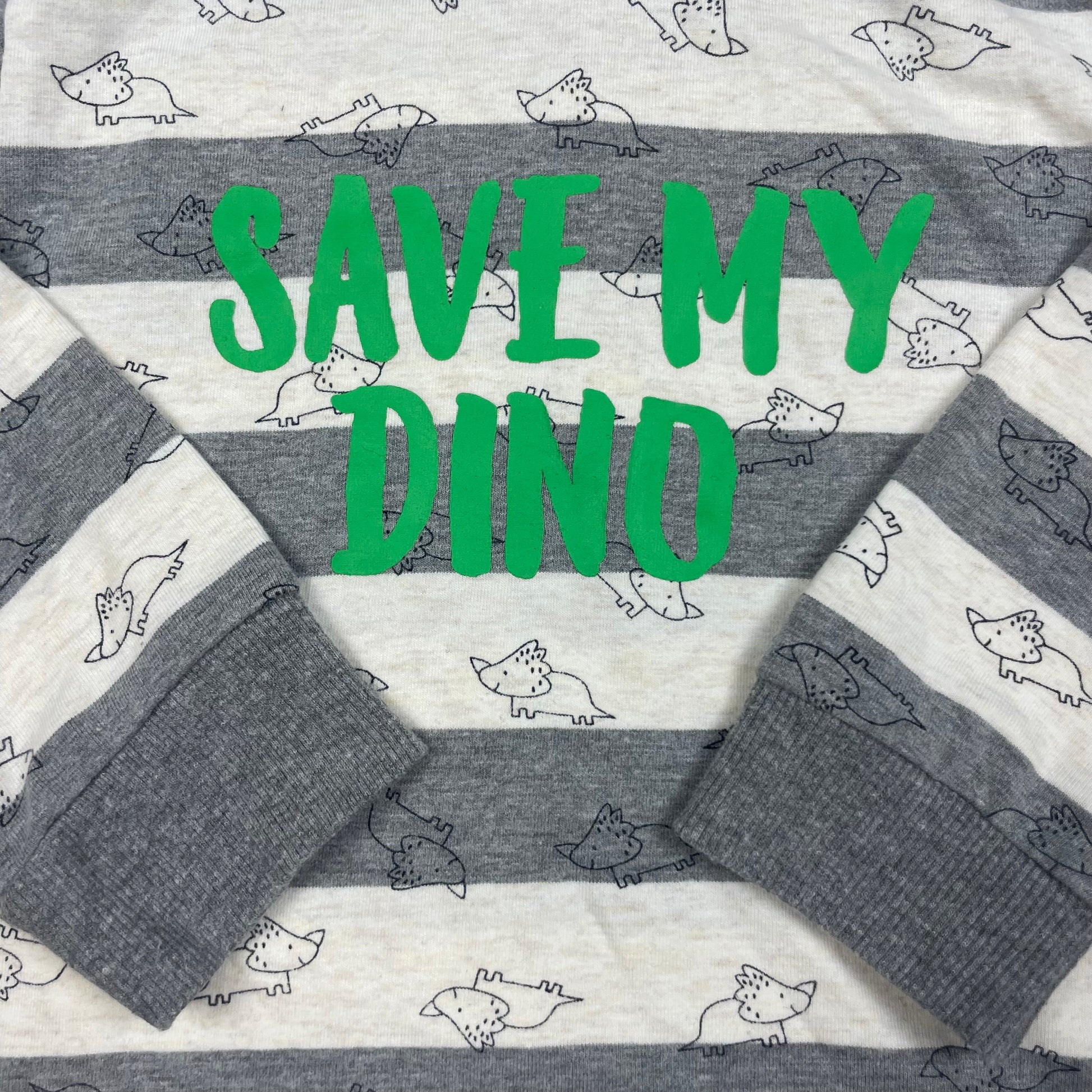 Gestreifter Kinder-Pullover mit Schalkragen und Dino-Print, Größe 86 – detail