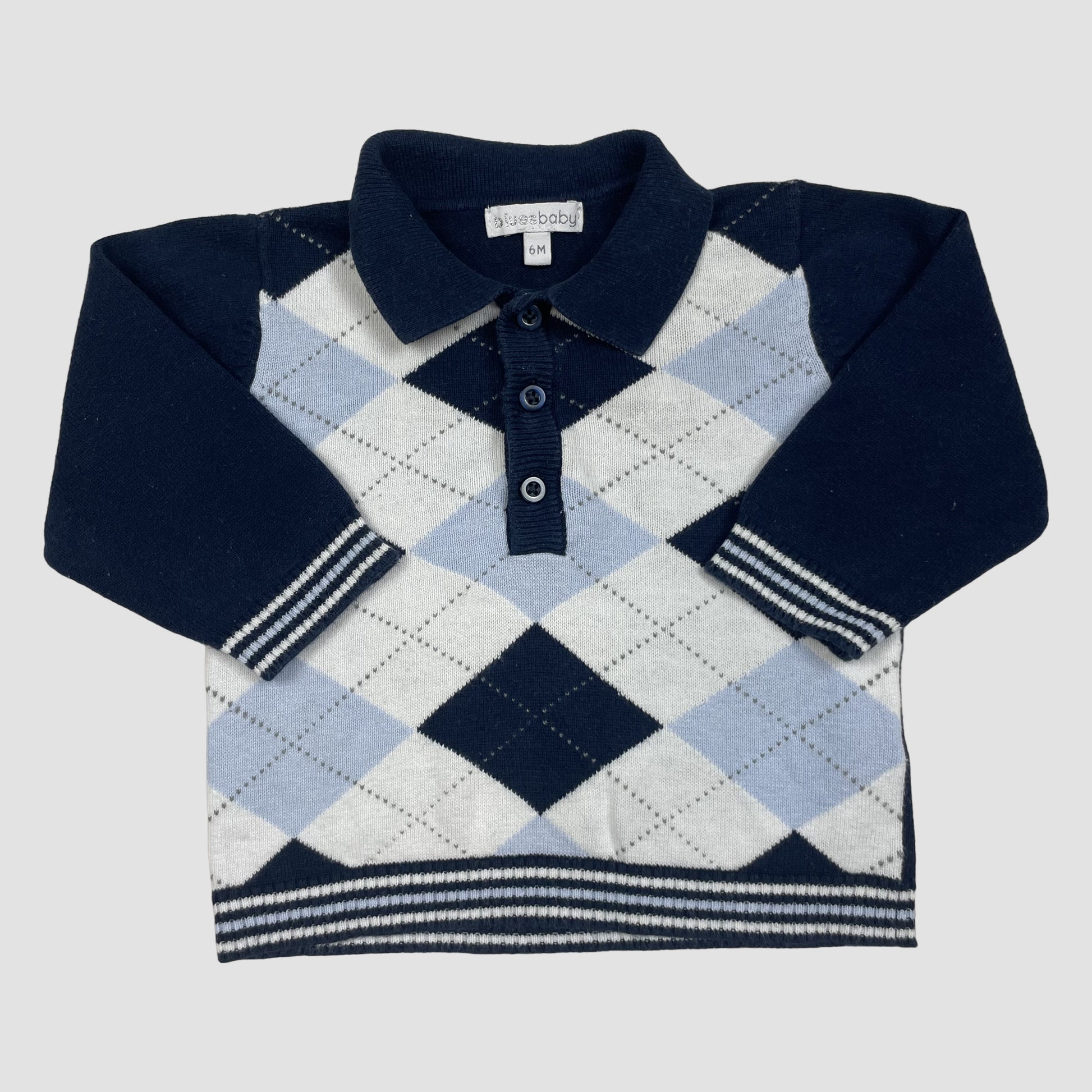 Blauer Argyle-Strickpullover mit Polokragen und Knopfleiste, Größe 6M