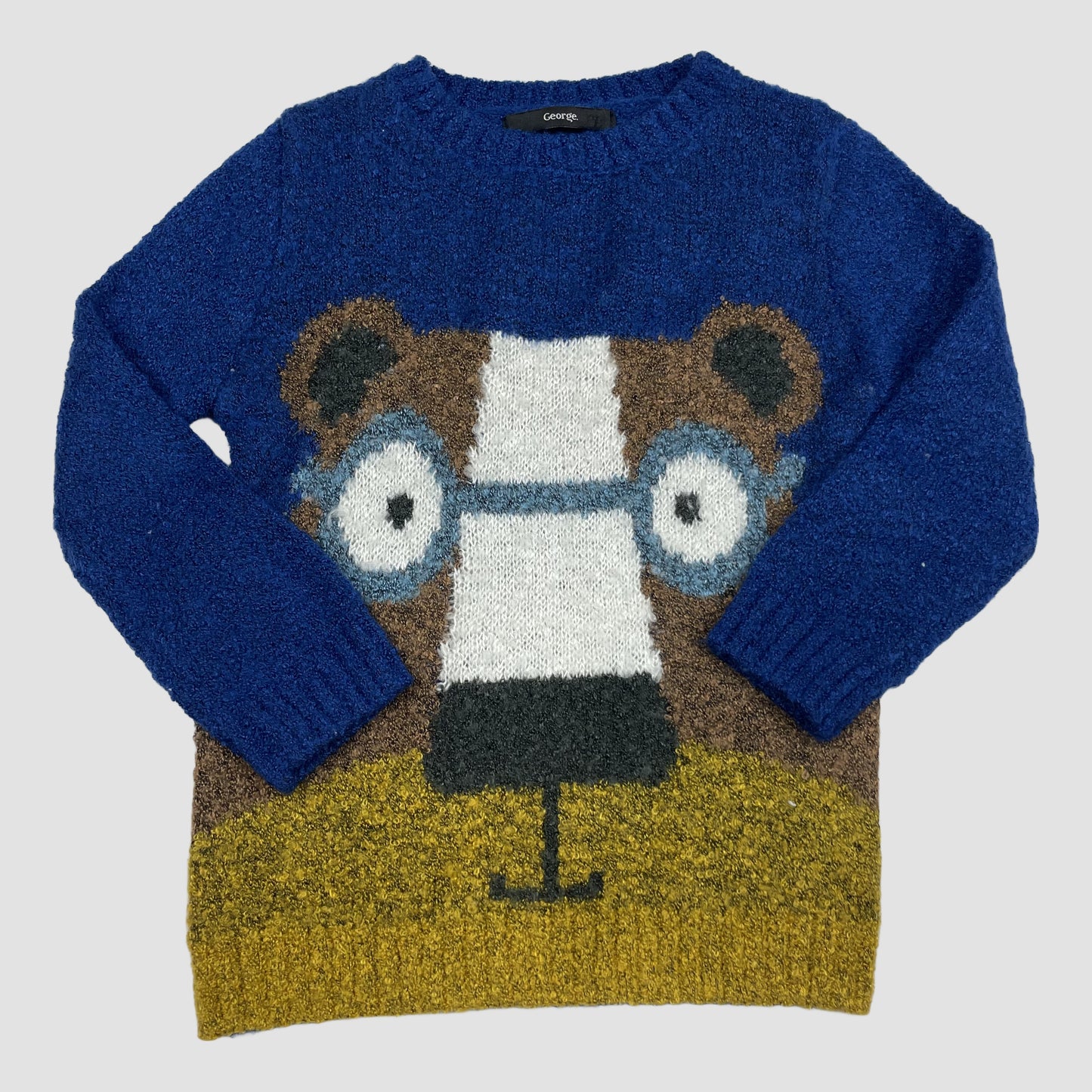 Blauer Kinder-Strickpullover mit Bärenmotiv und Brille, senfgelber Saum, Größe 2–3 Jahre
