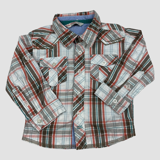 Kariertes Baby-Hemd in Braun, Rot und Weiß aus Baumwolle, langarm, zwei Brusttaschen