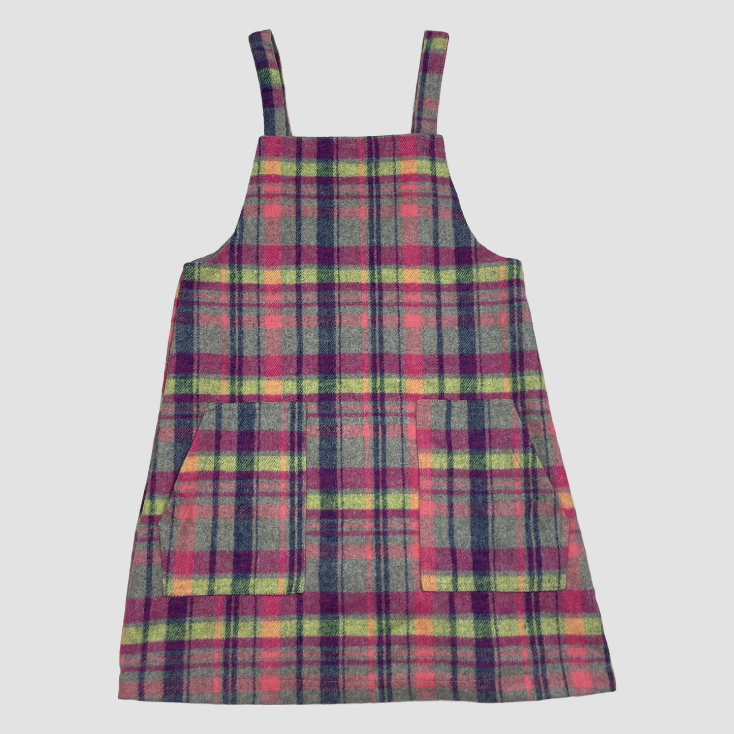 Kariertes Latzkleid für Mädchen in Grau, Pink und Grün mit Taschen, Größe 8 Jahre – front