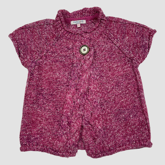 Pink melierte Kinder-Strickjacke kurzarm mit Knopf, Größe 5–6 Jahre – front