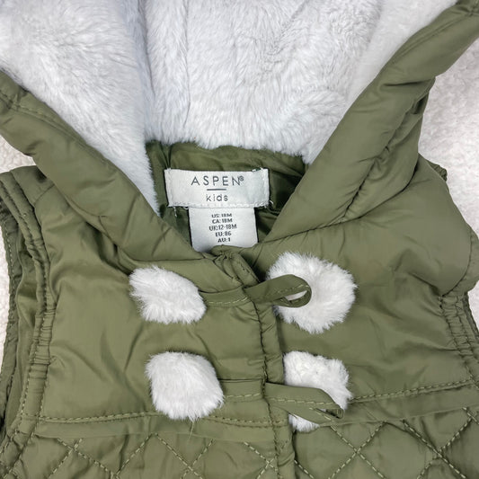 Olivgrüne gesteppte Kinderweste mit Kapuze und Kunstfellfutter, Größe 86 – detail