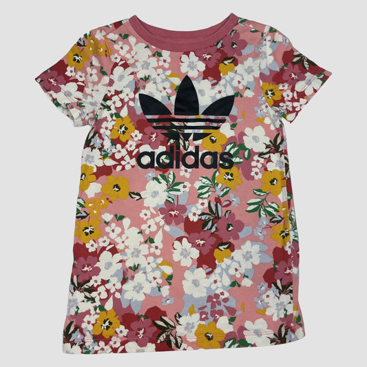 Adidas Kinder-Set: geblümtes T-Shirt in Rosa mit Logo und passende rosa Leggings mit weißen Streifen, Größe 3–4 Jahre top