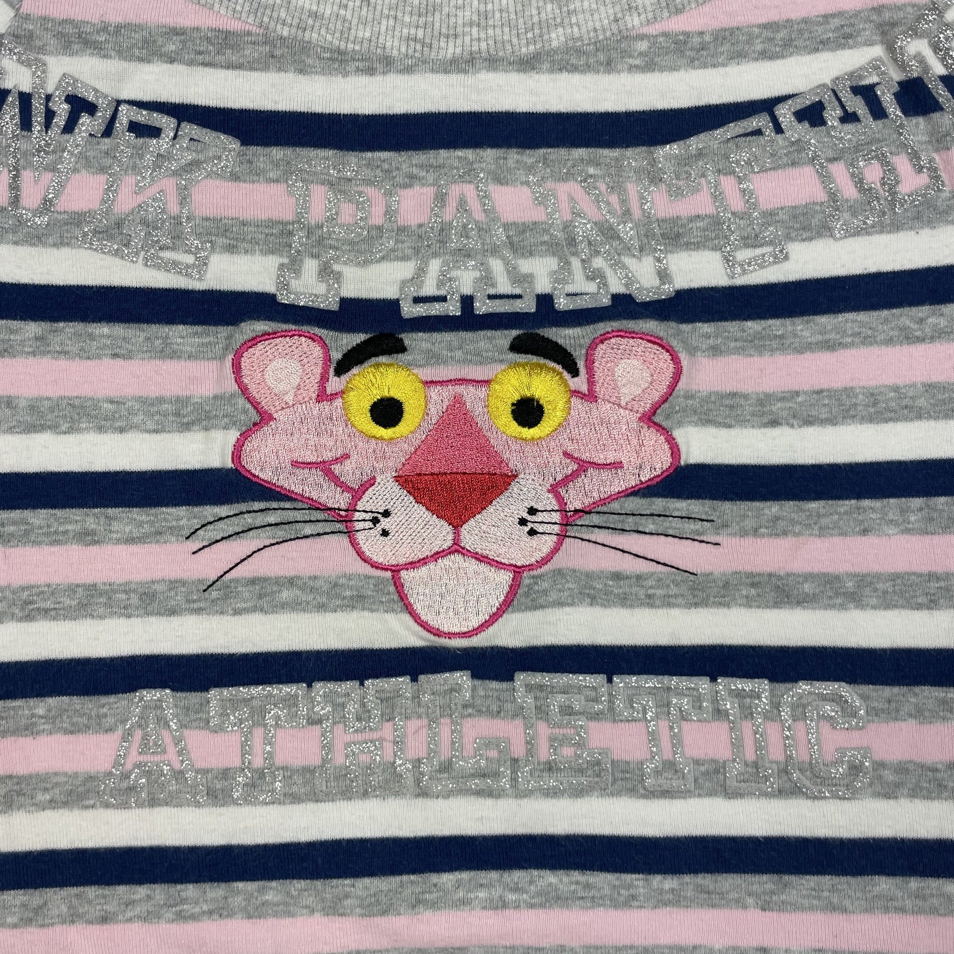 Gestreiftes Kinder-T-Shirt mit Panther-Motiv in Grau, Rosa und Blau, Größe 6 Jahre – close‑up