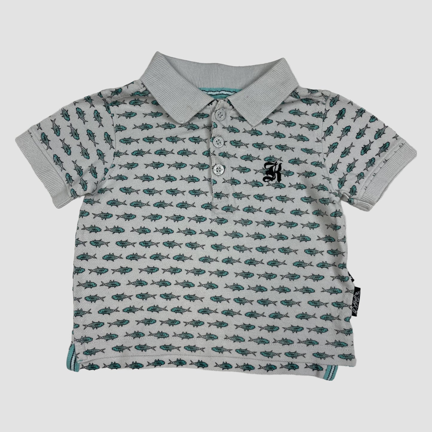 Graues Baby-Poloshirt mit Haifischmuster, kurze Ärmel, Größe 9–12 Monate – front