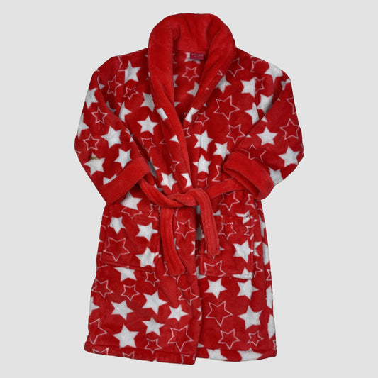 Roter Kinder-Fleece-Bademantel mit weißen Sternen, Gürtel und Taschen, Größe 4–5 Jahre – front