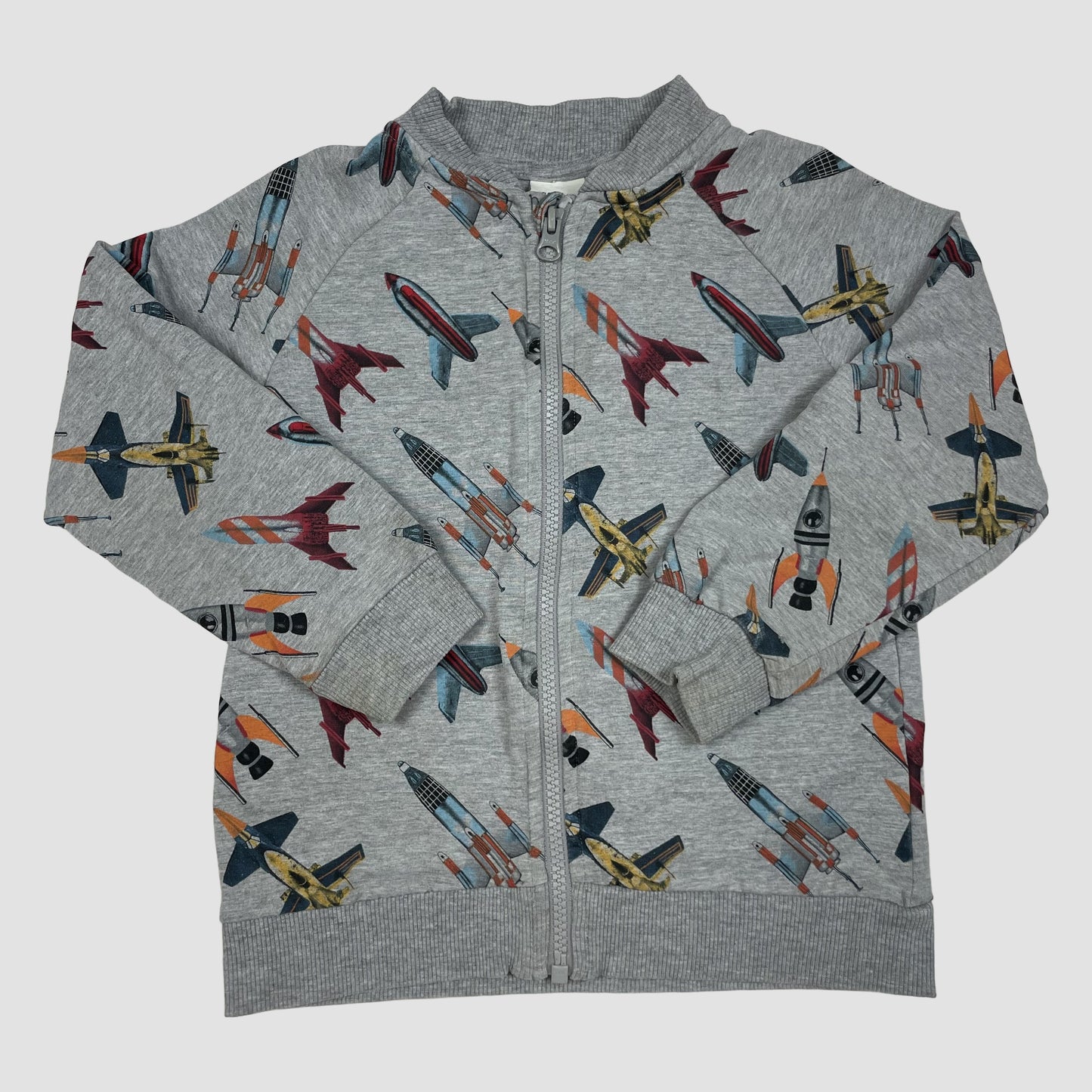Graue Sweatjacke mit Raketenprint, Größe 110 – front