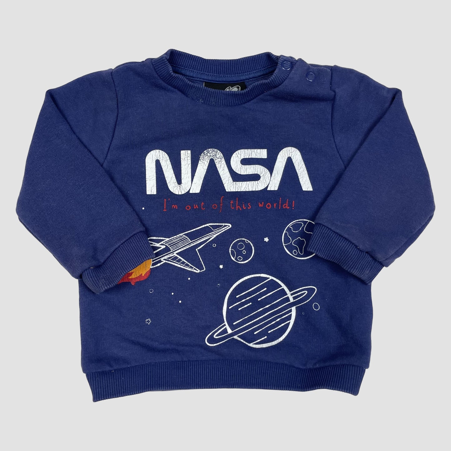 Blauer Baby-Sweatshirt-Pullover mit NASA-Print und Schulterknöpfen, Größe 6–9 Monate – front
