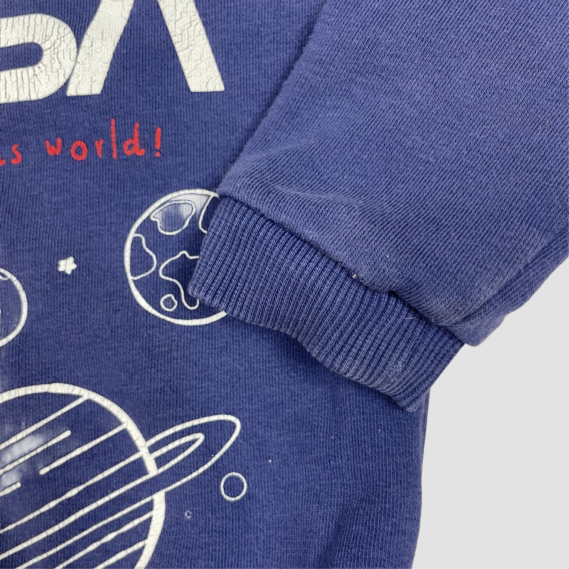 Blauer Baby-Sweatshirt-Pullover mit NASA-Print und Schulterknöpfen, Größe 6–9 Monate – fabric