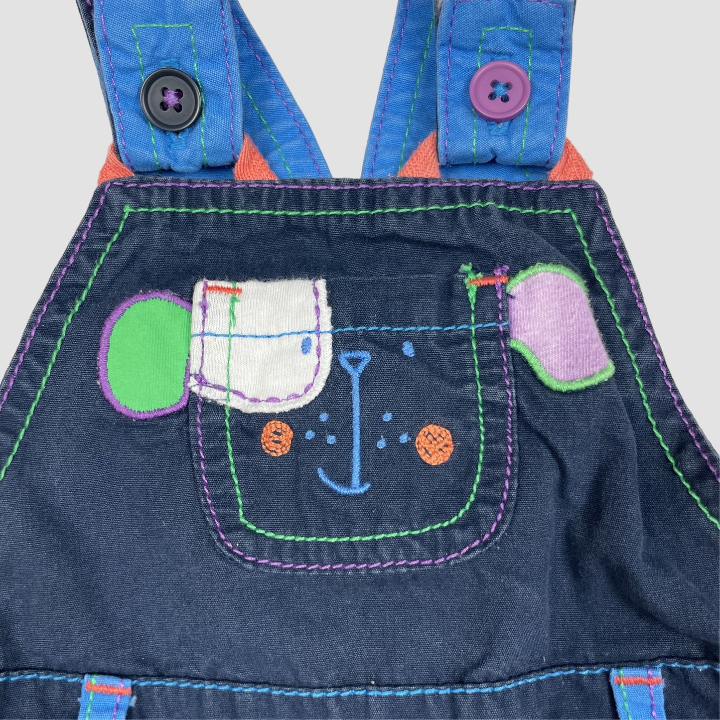 Dunkelblauer Baby-Latzoverall mit bunten Kontrastnähten und Tiermotiv, Größe 3–6 Monate – detail