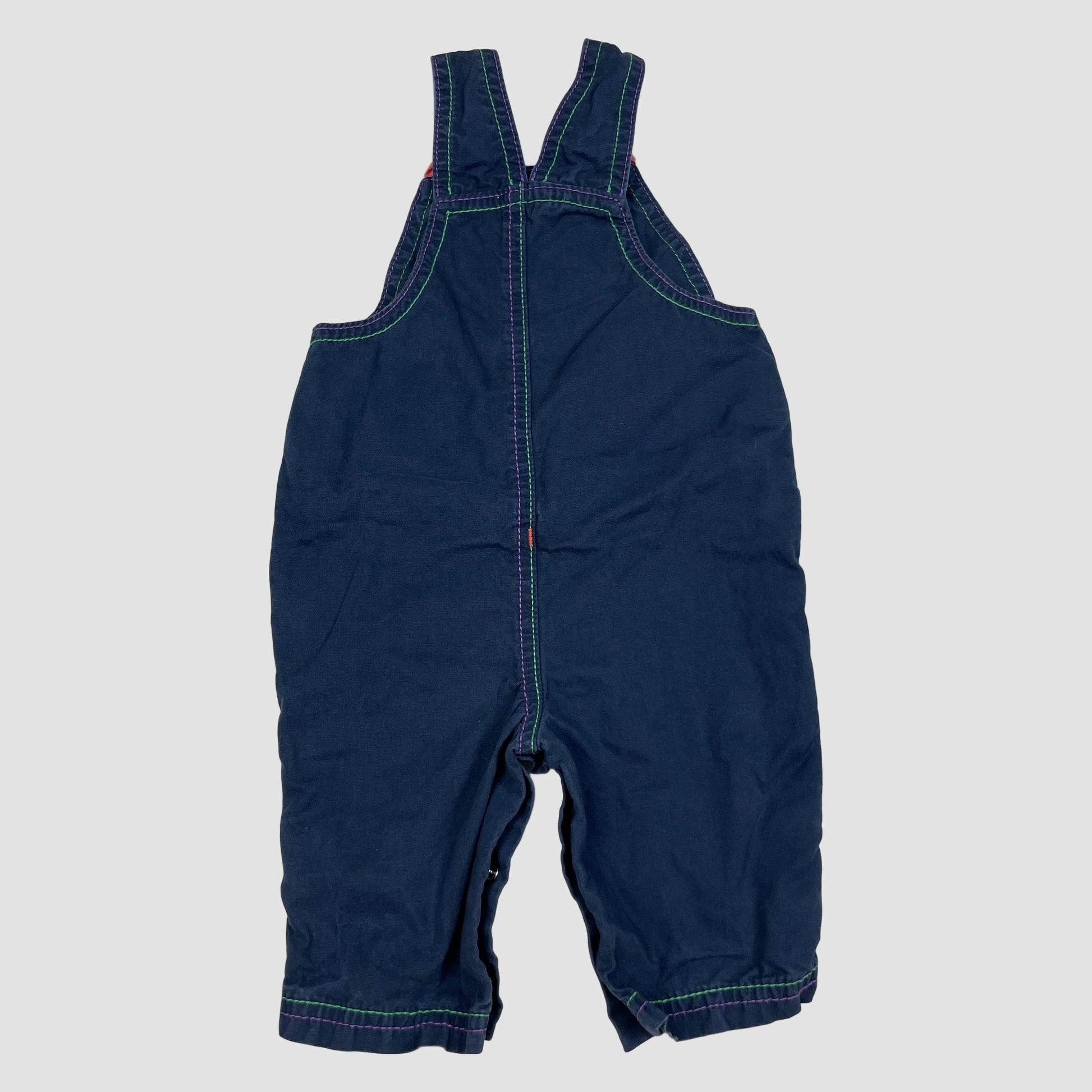 Dunkelblauer Baby-Latzoverall mit bunten Kontrastnähten und Tiermotiv, Größe 3–6 Monate – back