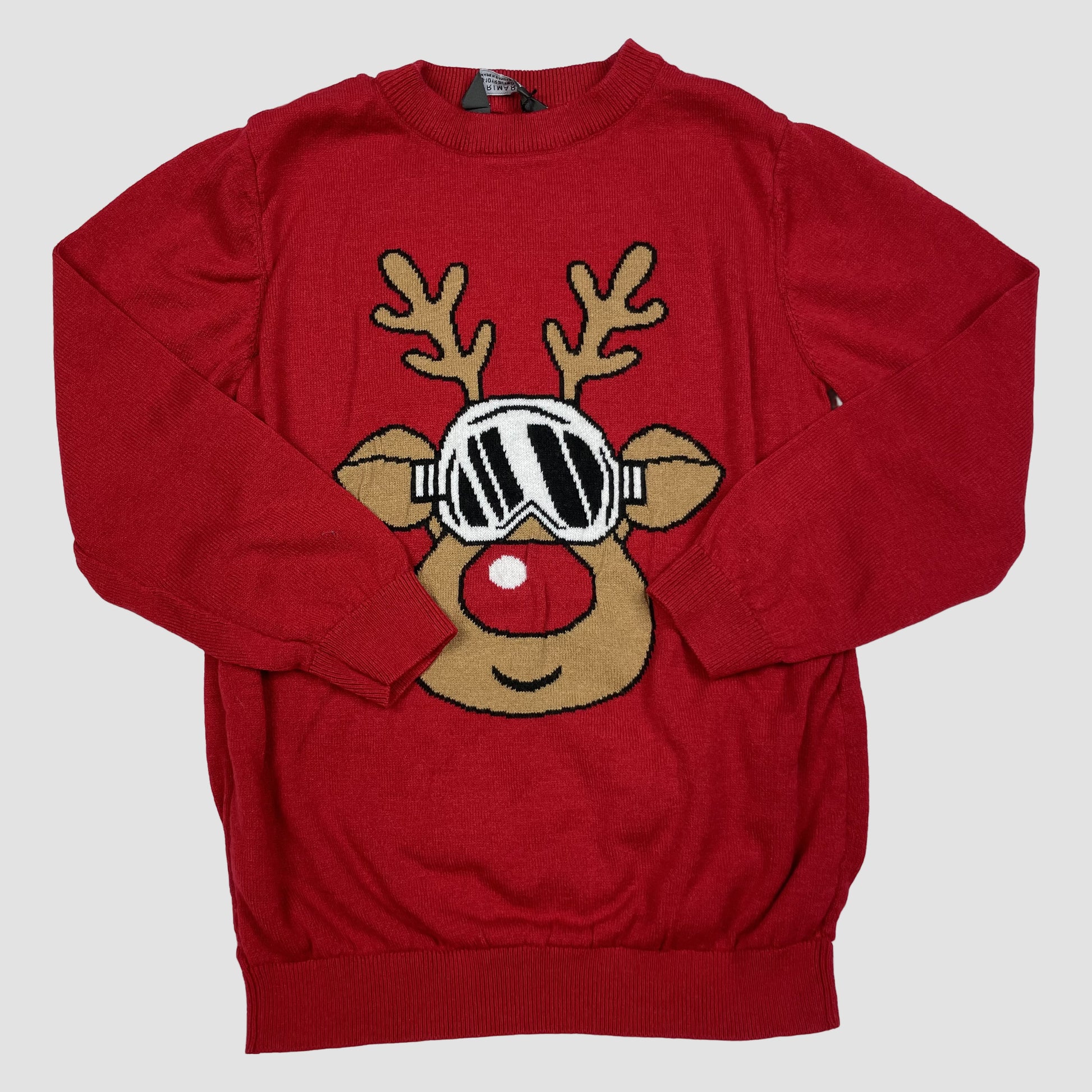 Roter Kinderpullover mit Rentiermotiv und Ski-Brille, Größe 9–10 Jahre (140) – front