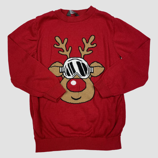 Roter Kinderpullover mit Rentiermotiv und Ski-Brille, Größe 9–10 Jahre (140) – front