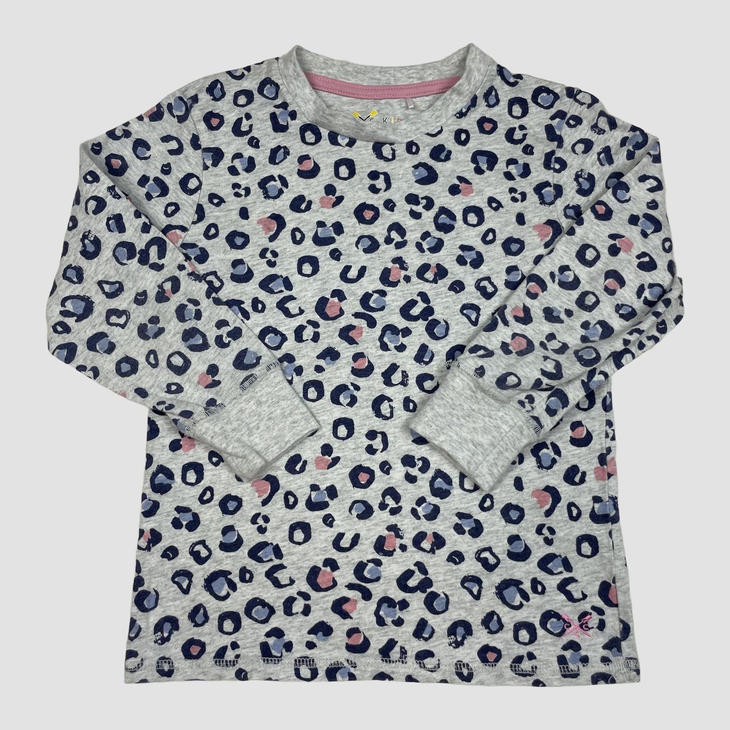 Graues Langarmshirt mit dunkelblau-rosa Leopardenmuster, Größe 5–6 Jahre – front