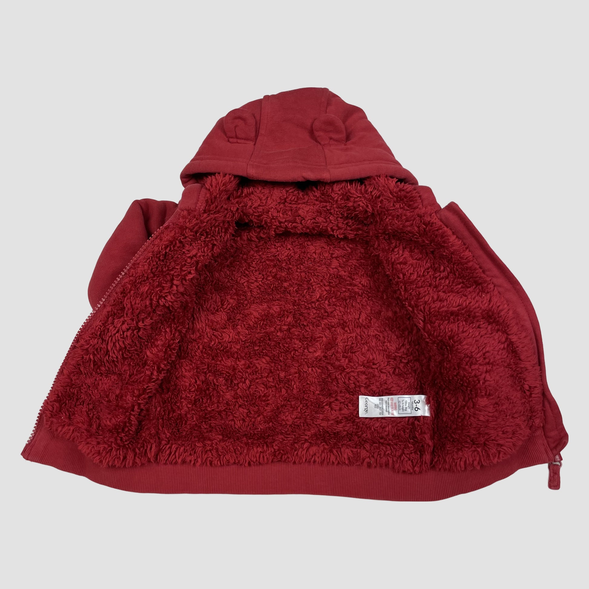 Rote Baby-Sweatjacke mit Kapuze, Teddyfutter und Öhrchen, Größe 3–6 Monate – inside