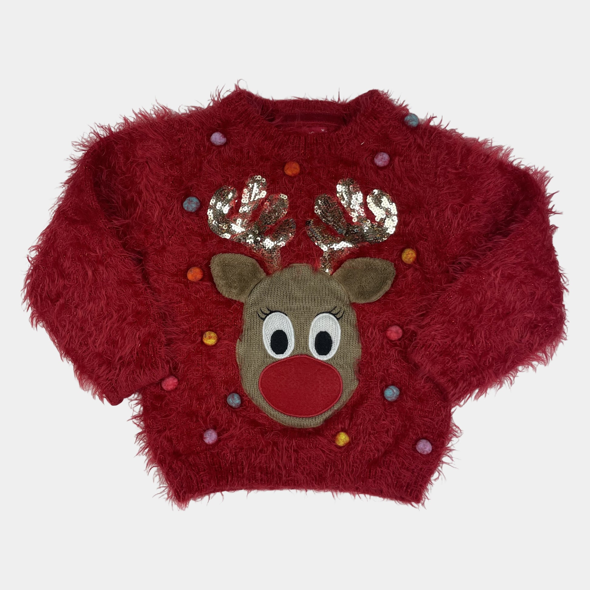 Roter flauschiger Kinderpullover mit Rentier-Applikation und Pailletten-Geweih, Größe 3–4 Jahre – front