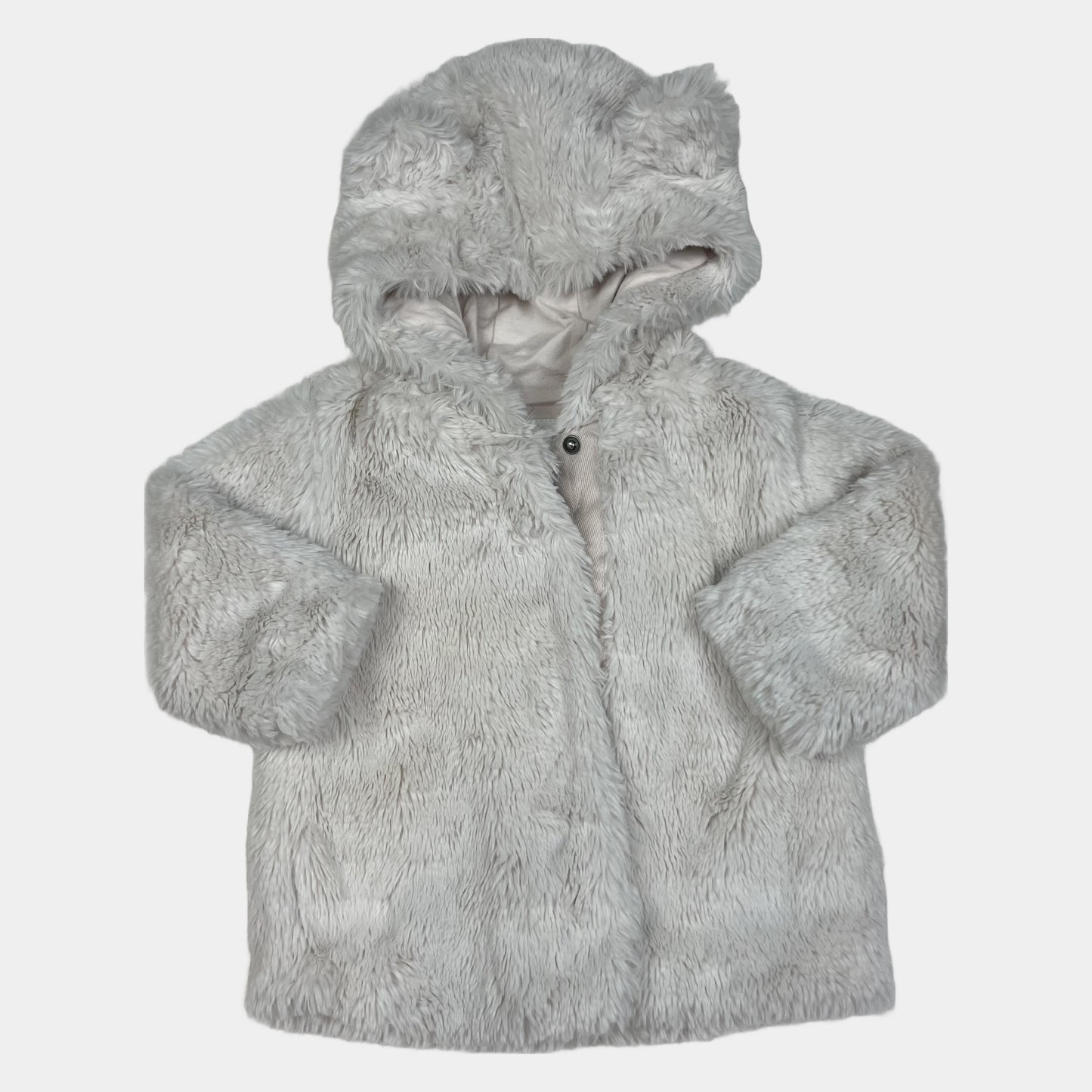 Hellgraue Kunstfell-Babyjacke mit Kapuze und Ohren, Größe 9–12 Monate – front